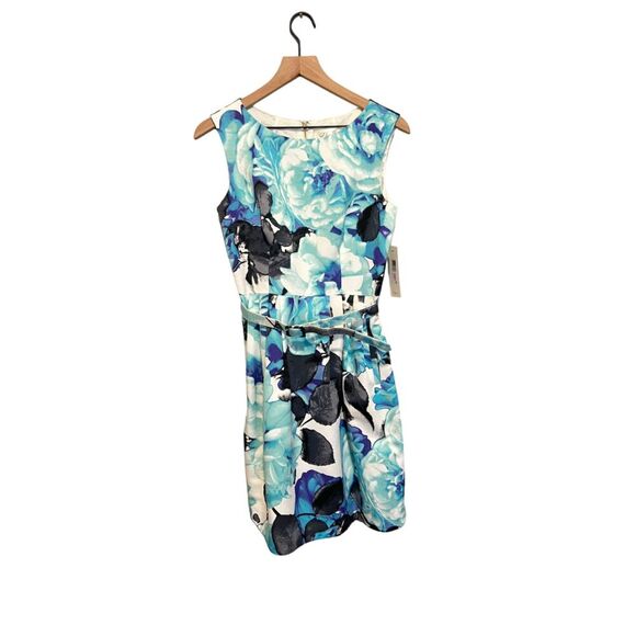 NWT Eliza J Faille Sheath Belted Floral Blue Mini Dress Pockets Women's Size 6 - Picture 1 of 12